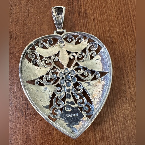 925 Sterling Silver Vintage Real Marcasite Gemstone Heart Ornate Pendant - Picture 5 of 7